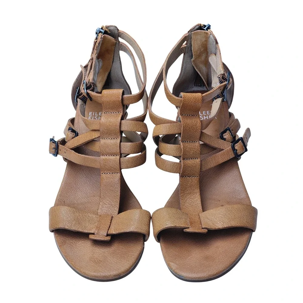 Eileen Fisher Echo Womens Brown Tan Leather Gladiator Wedge Sandals Size 7.5